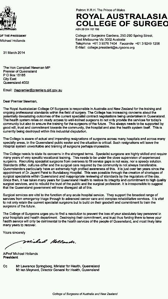 College of surgeons’ letter to Campbell Newman