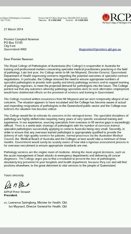 Letter from Royal College of Pathologists of Australasia to Qld Premier