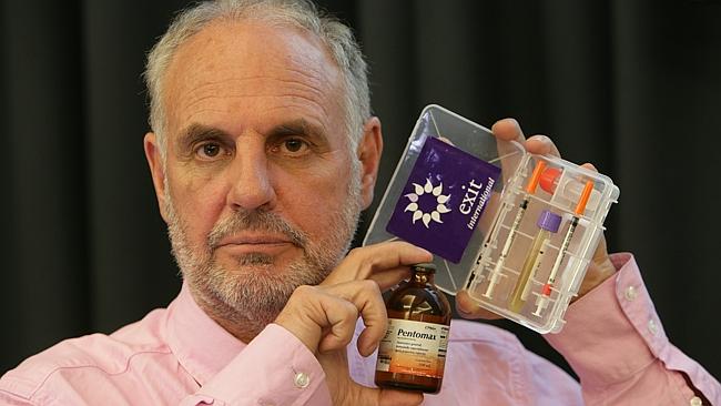 Euthanasia advocate ... Dr Philip Nitschke pictured with a Euthanasia Drug Test Kit and a