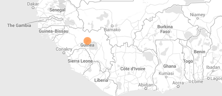 This map shows the first alert for an Ebola-like illness, issued on March 19.