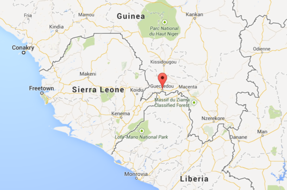 Guéckédou (marked on the map above) is located in southeastern Guinea, right by the borders with Sierra Leone and Liberia.