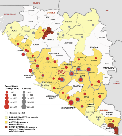 The map shows the districts that have been affected by Ebola virus disease in Guinea, Liberia, and Sierra Leone. Gray circles indicate the total numbers of confirmed and probable Ebola cases reported in each affected district, and red circles the number reported during the 21 days leading up to September 14, 2014 (NEJM).