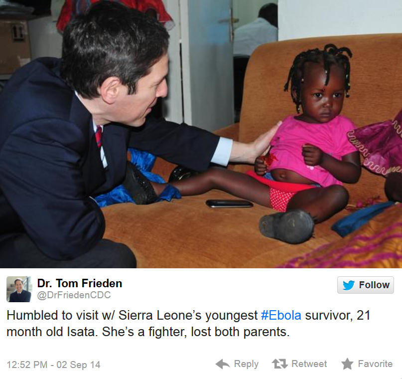 Above, CDC Director Dr. Tom Frieden visits with a young Ebola survivor during a recent trip to the Ebola-stricken region of West Africa.