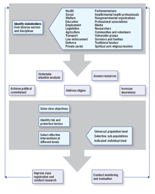 Above, the WHO outlines a framework for developing a national suicide prevention strategy.