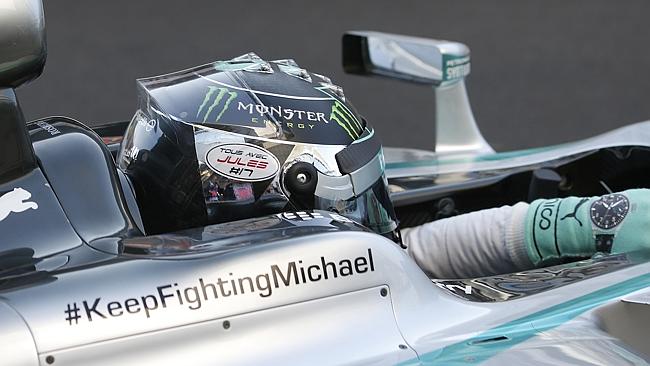 Mercedes driver Nico Rosberg’s car bears a "Keep Fighting Michael" sign in Russia two wee