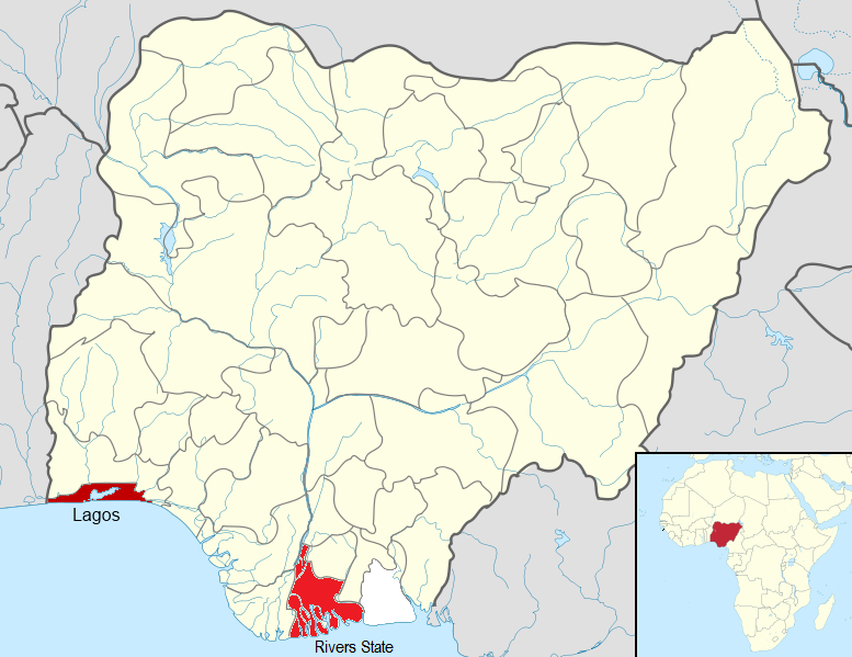 The areas highlighted in red represent the locations of confirmed Ebola cases in Nigeria.