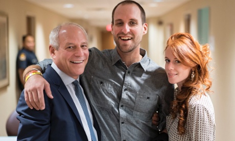 In this image released by Nebraska Medical Center, from left, Dr Levy, Mukpo, Ashoka Mukpo and his partner Helen Finlay, after Mukpo's release.