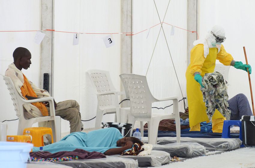 A medical worker wearing a protective suit works near Ebola patients in the high-risk area of the Elwa hospital run by Medecins Sans Frontieres (Doctors without Borders) on Sept. 7, 2014 in Monrovia.