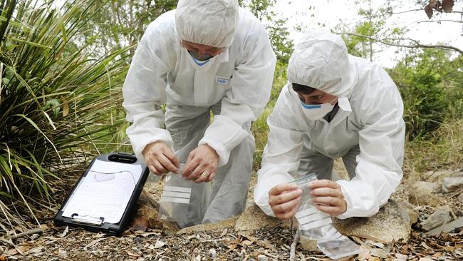 Asbestos auditors Mark and Tom Rentoul find asbestos debris along a creek that bisects Be