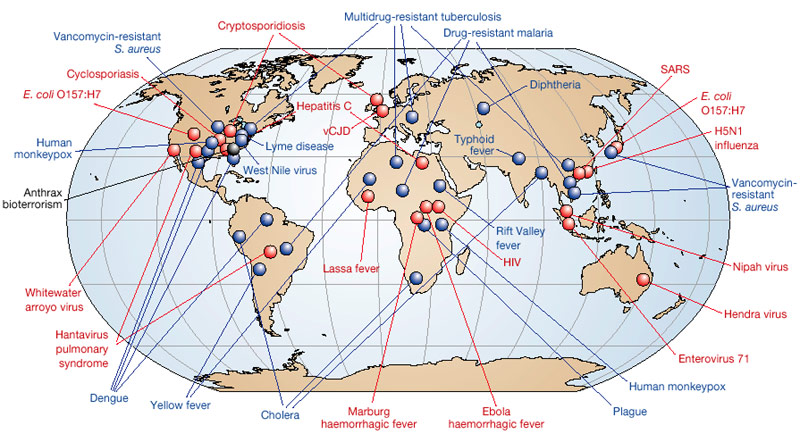 Above, the global distribution of emerging and reemerging infectious diseases.