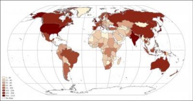 This global map plots cumulative outbreaks of human infectious disease since 1980. Darker shaded nations had more outbreaks.