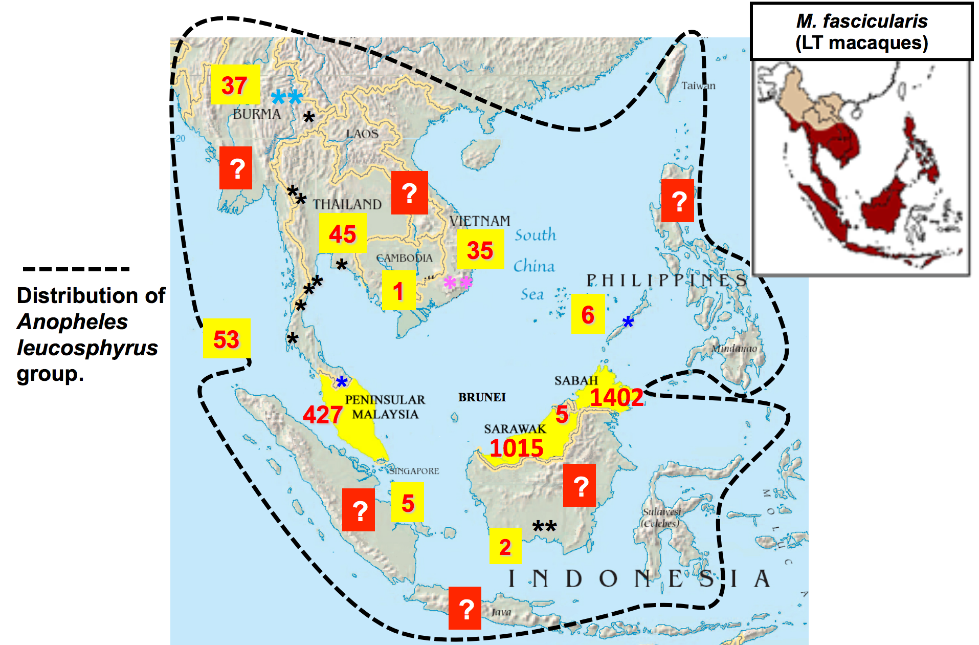 The range of confirmed knowlesi malaria cases. The dashed line is the range of the mosquito species that carry the disease, while the inset is the range of long-tailed macaques, which are also carriers. Image: Dr. Balbir Singh