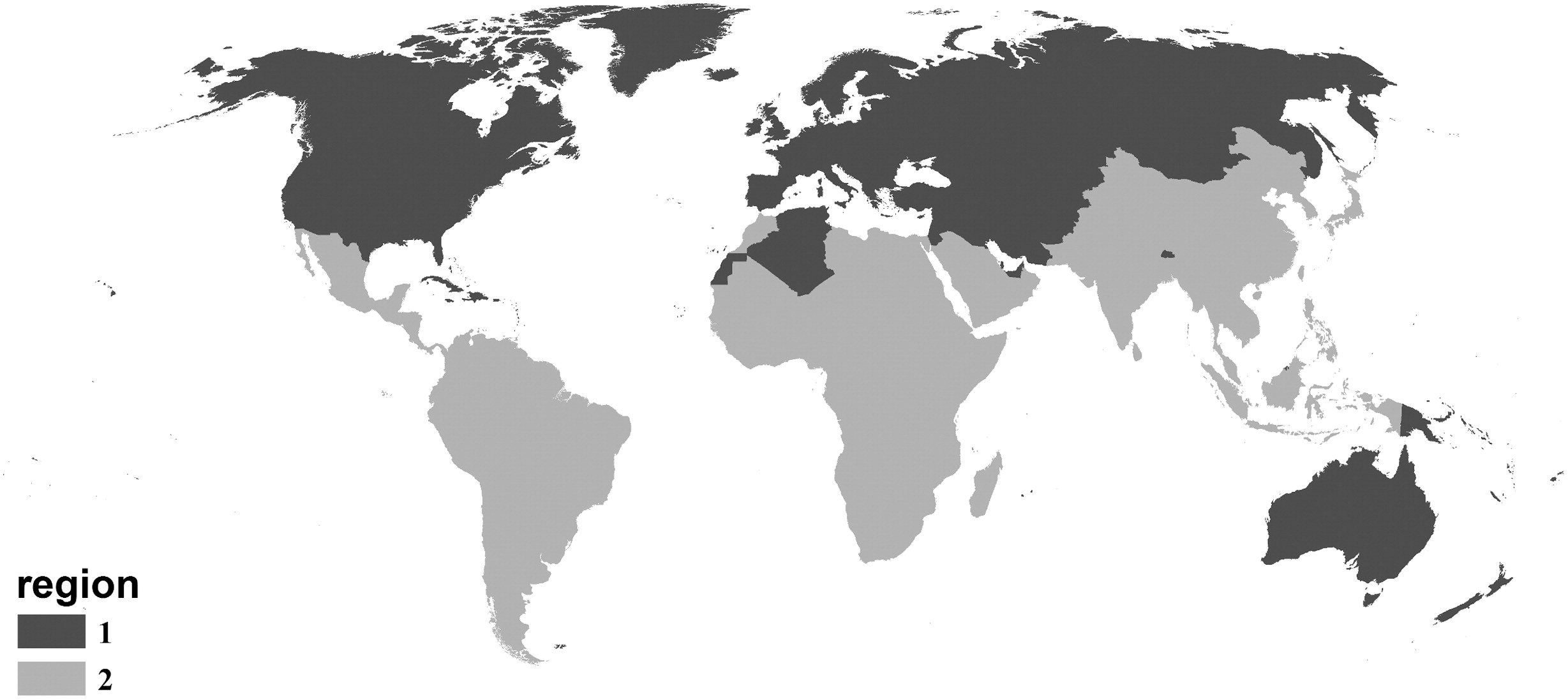 Countries dominated by vector-borne diseases are shaded in dark grey, while countries dominated by non-vector-borne diseases are shaded in darker grey.