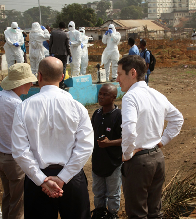 Dr. Frieden tours King Tom Cemetery in Sierra Leone, where safe and dignified burials are taking place. Left to right: Dr. Stuart Nichol, Ambassador John Hoover, Thomas Abu, Dr. Tom Frieden. (Source: CDC)