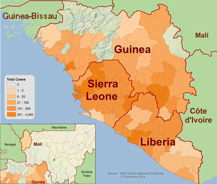 This map shows the outbreak distribution in West Africa as of December 17, 2014 (Source: CDC).