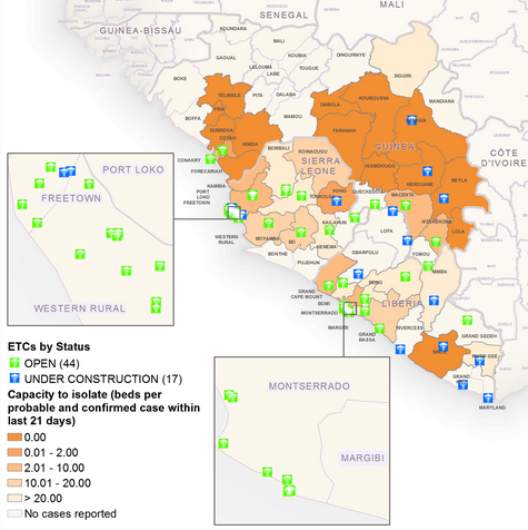 Location of Ebola Treatment Centres and capacity to isolate probable and confirmed cases by district in Guinea, Liberia, and Sierra Leone