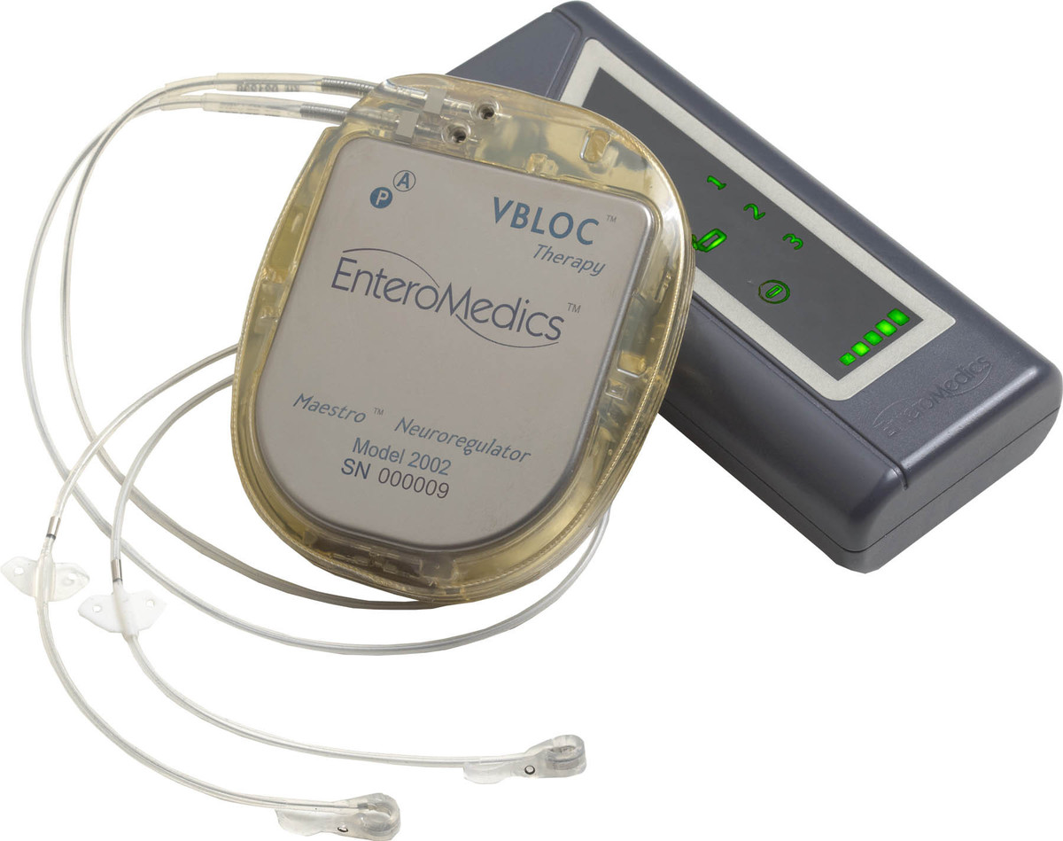 Electrical impulses generated by a pacemaker-like device are transmitted to the vagus nerve by electrodes