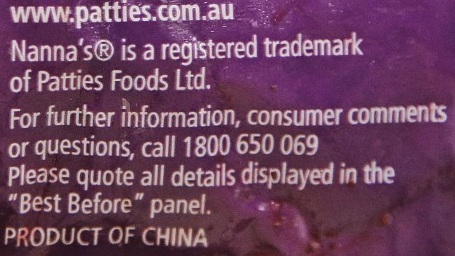 Fine print on packets of Nanna’s Frozen Mixed Berry packets. Picture: Hamish Blair