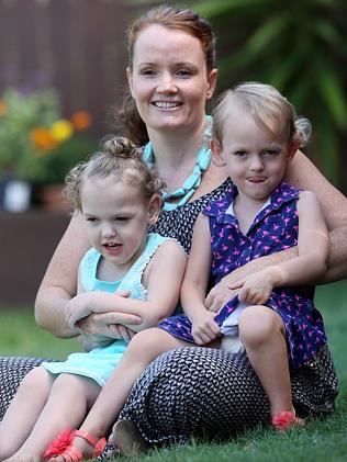 Danielle Fink with twin daughters Emily and Chloe, 3. Picture: Glenn Barnes