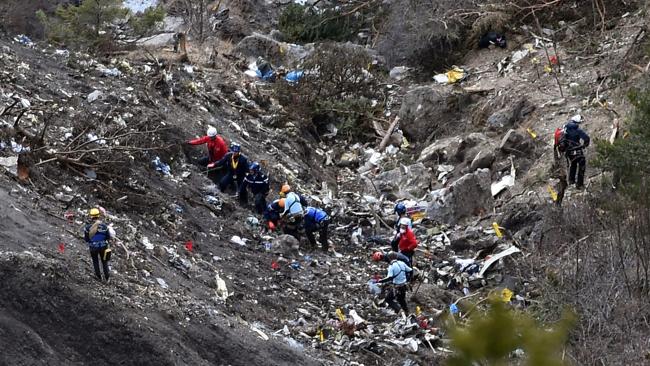 Tragedy ... The remains of Germanwings’ Flight 4U-9525 in the French Alps. Pic: AFP/Anne-