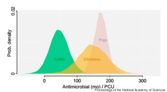 This charts shows that pigs, for the most part, consume the highest density and amount of antibiotics. (Image Credit: PNAS)