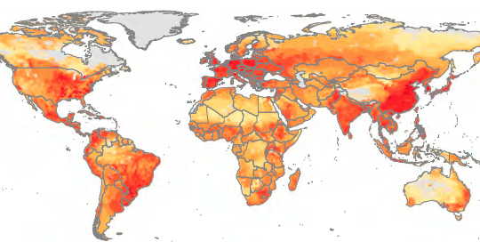 Regions that produce the most pork and chicken also use the most antibiotics on farms. Hot spots around the world include the Midwest in the U.S., southern Brazil, and China's Sichuan province. Yellow indicates low levels of drug use in livestock; orange and light red are moderate levels; and dark red is high levels. (Image Credit: PNAS).