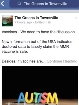 Disgraced ... A Facebook screen grab of The Greens in Townsville regarding comments on va