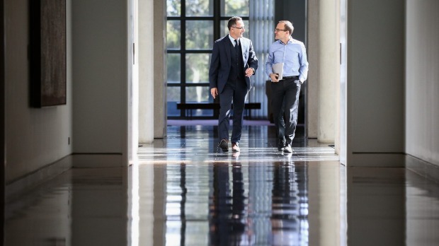 Senator Richard Di Natale and Adam Bandt arrive for the Greens leadership ballot.