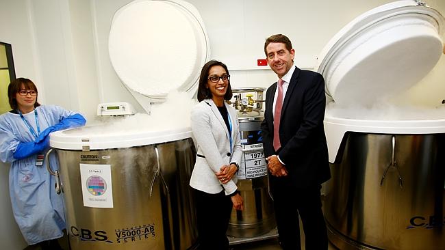 Scientist Kathryn McKell, Dr Tara Cochrane and Health Minister Cameron Dick. Photo: Kit W