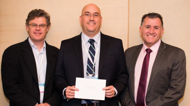 Prof Ian Davis, Chair of ANZUP Board & Scientific Advisory Committee, fellowship recipient Dr Ian Vela and Danny Dimitropoulos, head of marketing, Tolmar Australia.