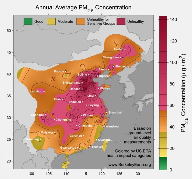 Levels of particulate matter in eastern China (Berkeley Earth)