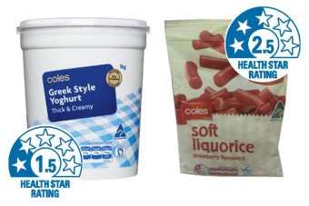 Coles home brand Greek-style yoghurt received one and a half stars, despite its obvious health benefits, while the supermarket chain's home brand strawberry flavoured soft licorice received two and a half stars.