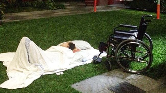 Guyala Brimble-Bayles in her makeshift bed on the lawn area at Lady Cilento Children's Ho