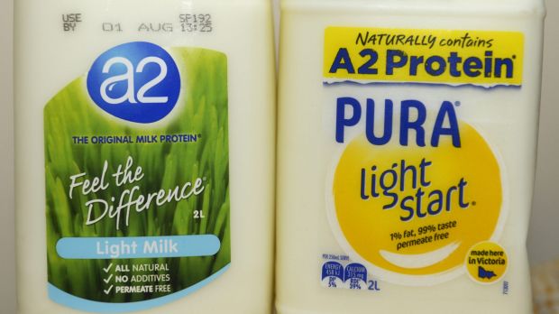 A bottle of a2's milk (left) and a bottle of Pura's milk (right), which both make a2 protein claims.