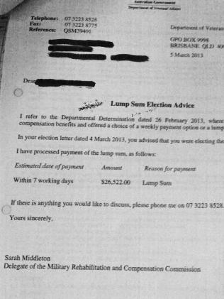 A leaked private document detailing a veterans compensation claim. Picture: Supplied